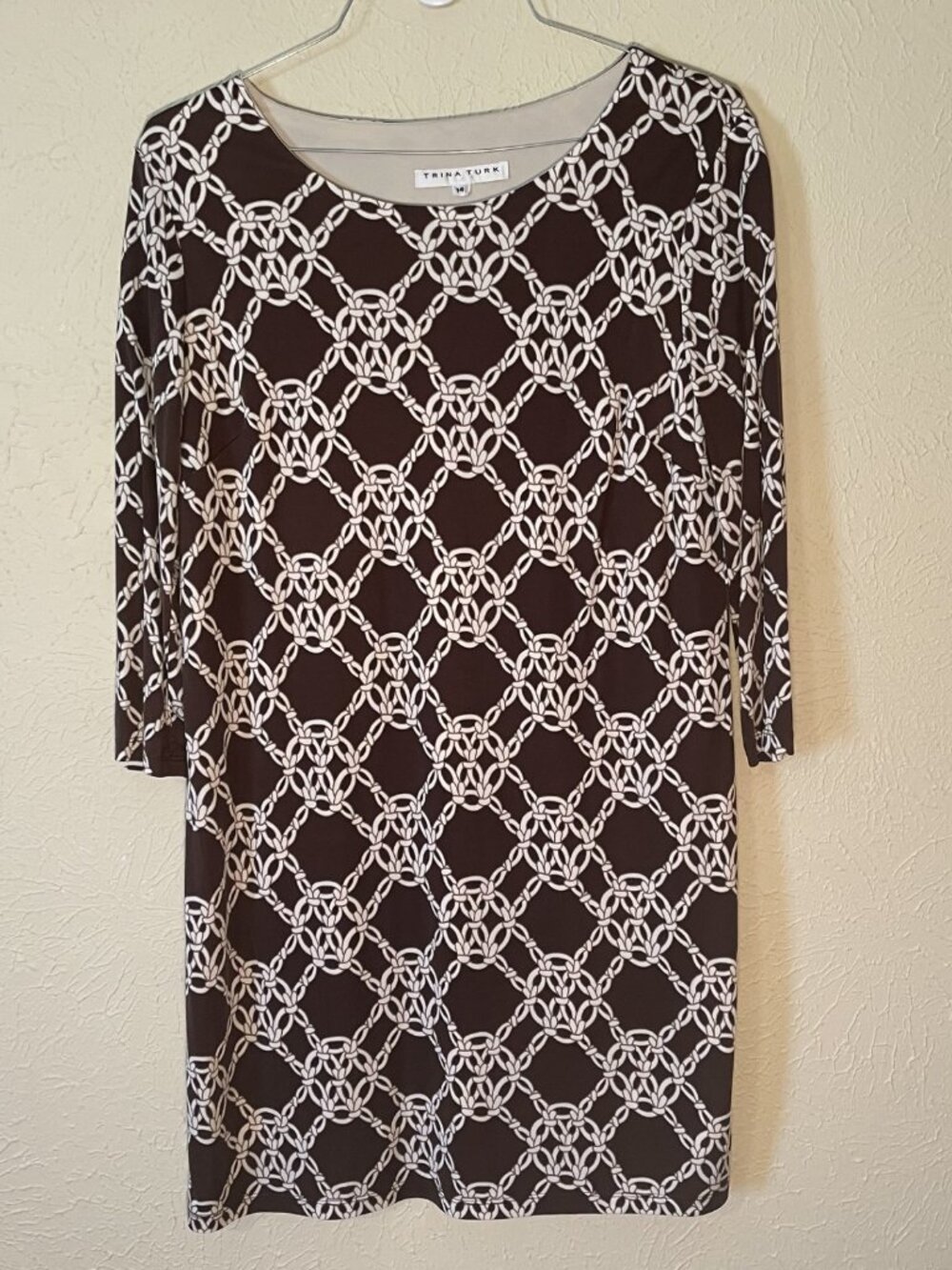 Trina Turk Silk Brown with Cream Knot print 3/4 length sleeve dress, Size 14